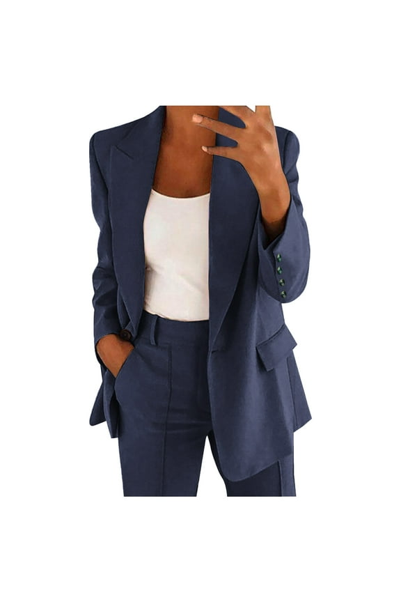 Womens Fahion Lapel Oversized Blazers Casual One Button Long Sleeve Work Office Suit Jackets (Navy,L)