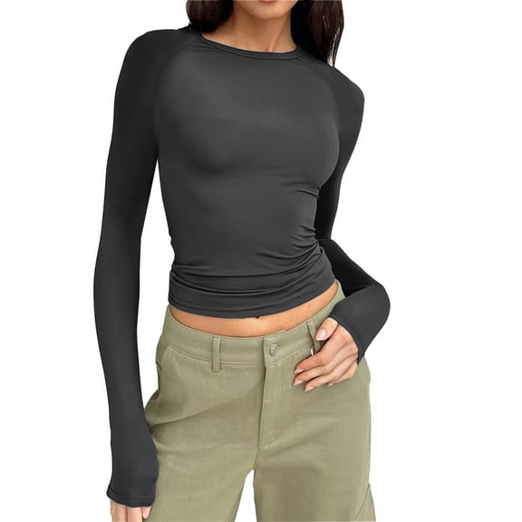Yindaity Womens Long Sleeve Shirts Basic Spring Crop Tops Fall Fashion Layering Slim Fitted Tops Dark Gray,XS