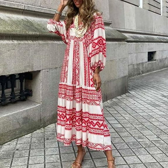 Yindaity Womens Loose Fit Casual Summer V Neck Half Sleeve Bohemian Geometric Pattern Maxi Long Dresses RD2,L