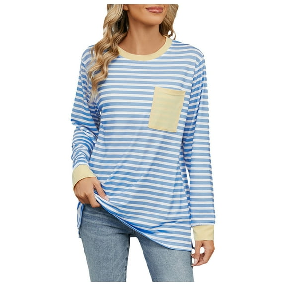 Yindaity Womens Oversized Striped Color Block Sweatshirts Long Sleeve Crewneck Casual Loose Fitting Pullovers Tops Shirts Blue,M