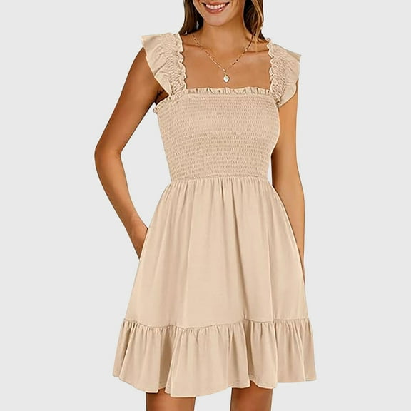 Yindaity Womens Summer Casual Sleeveless Square Neck Smocked Ruffle Backless Boho Mini Dress 2024 Trendy Short Sundress Beige,S