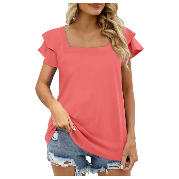 Yindaity Womens Summer Tops Ruffle Short Sleeve V Neck T-Shirts Casual Loose Fit RD1,M