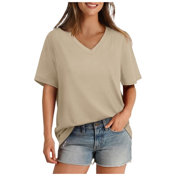 Yindaity Womens T Shirts V Neck Short Sleeve Casual Loose Tees Tops ...
