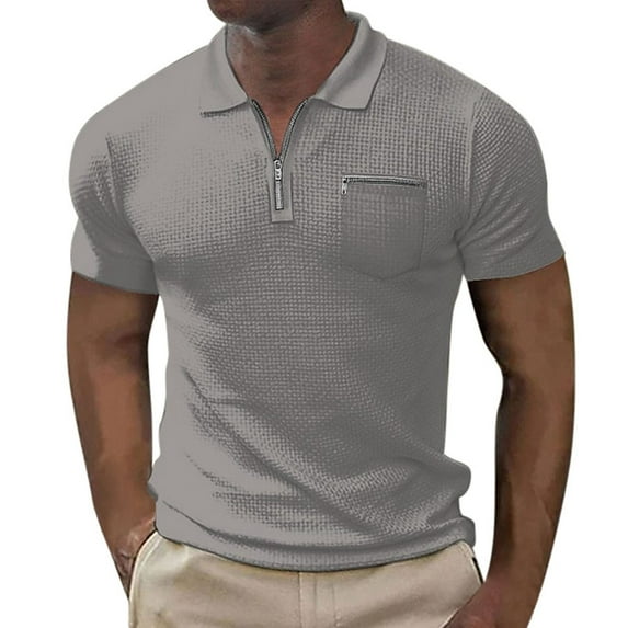 Yindaity Zipper Polo Shirts for Men Slim Fit Shirts Casual Stretch Ribbed Knit Zip Shirt Grey,L
