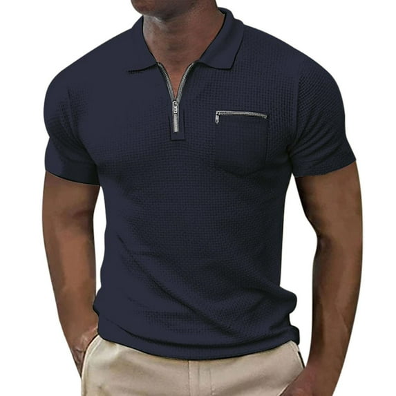 Yindaity Zipper Polo Shirts for Men Slim Fit Shirts Casual Stretch Ribbed Knit Zip Shirt Navy,XL