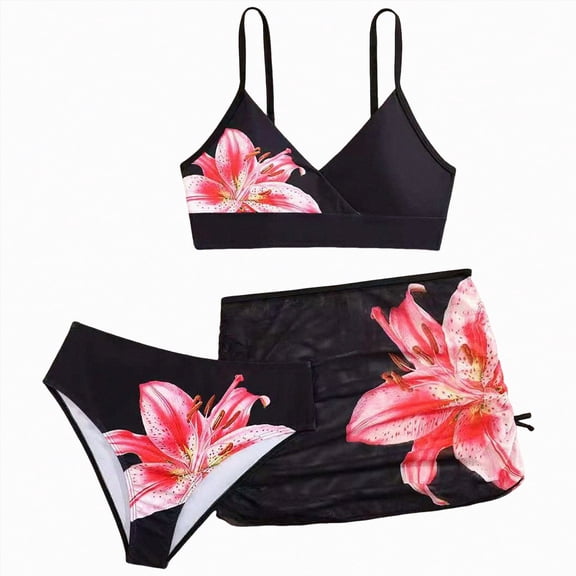 Yindaity Bikini Girls Beach Bikini Girls' 3 Piece Set Halter Triangle High Cut Swimsuit with Coverup Skirt(Black,13-14 Years)