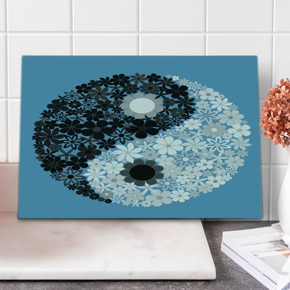 Ying Yang Cutting Board, Abstract Design Daisy Flower Power on Tao Sign Floral Themed Art, Decorative Tempered Glass Cutting and Serving Board, Large Size, Blue Black Grey, by Ambesonne