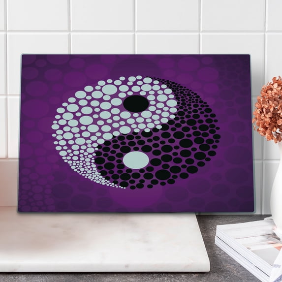 Ying Yang Cutting Board, Abstract Design Harmony and Balance Eastern Theme, Decorative Tempered Glass Cutting and Serving Board, Large Size, Purple White Black, by Ambesonne