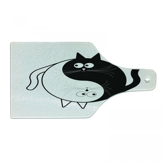 Ying Yang Cutting Board, Cats Cuddle Hugging Unity Ying Yang Sign Cartoon Animals Feng Shui, Decorative Tempered Glass Cutting and Serving Board, Wine Bottle Shape, Black White, by Ambesonne