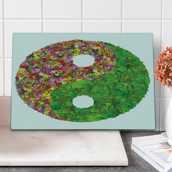 Ying Yang Cutting Board, Flowers and Leaves Ying Yang Floral Style Daises Sunflowers, Decorative Tempered Glass Cutting and Serving Board, Large Size, Multicolor, by Ambesonne