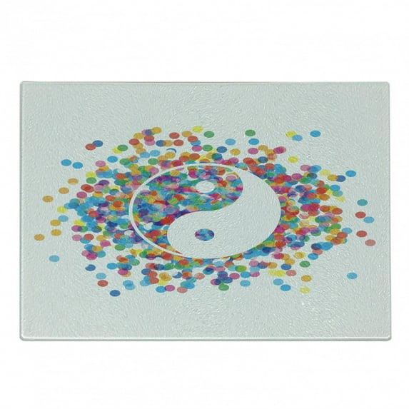 Ying Yang Cutting Board, Rainbow Color Effect Graphic Design on Ying Yang Sign Themed Peace, Decorative Tempered Glass Cutting and Serving Board, Small Size, Multicolor, by Ambesonne