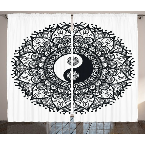 Ambesonne Ying Yang Curtains 2 Panel Set, Bohemian Mendi Art, 108" x 84", Charcoal Grey White