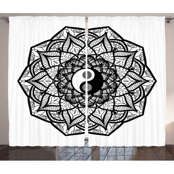 Ambesonne Japanese Curtains 2 Panel Set, Ying Yang Black White, 108" x 84", Black White