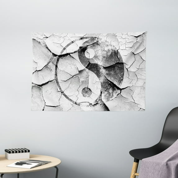 Ying Yang Decor Tapestry, Grunge Cracked Yin Yang Wall Graphic Art Union Asian Zen Decorations, Wall Hanging for Bedroom Living Room Dorm Decor, 60W X 40L Inches, Black and White, by Ambesonne