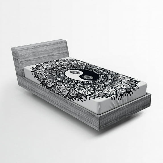 Ambesonne Ying Yang Fitted Sheet, Bohemian Mendi Art, Twin Size, Charcoal Grey White