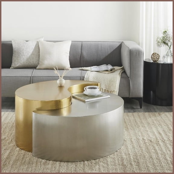 Ying Yang Gold & Silver Coffee Table with Sturdy Iron Frame – Modern Living Room Centerpiece, Versatile Finishes