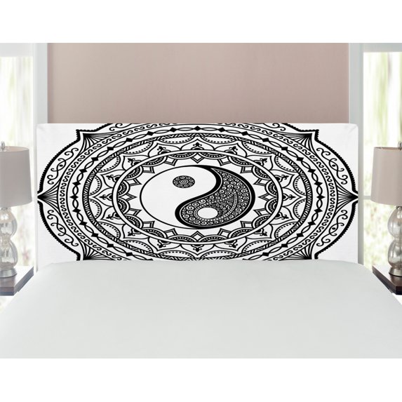 Ying Yang Headboard, Circle Mandala Pattern with Yin Yang Sign Made with Paisley Motif Karma Cosmos, Upholstered Decorative Metal Bed Headboard with Memory Foam, Full Size, Black White, by Ambesonne