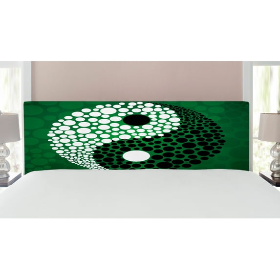 Ying Yang Headboard, Digital Style Yin Yang Form Nature Themed Dots Print, Upholstered Decorative Metal Bed Headboard with Memory Foam, King Size, Green Black White, by Ambesonne