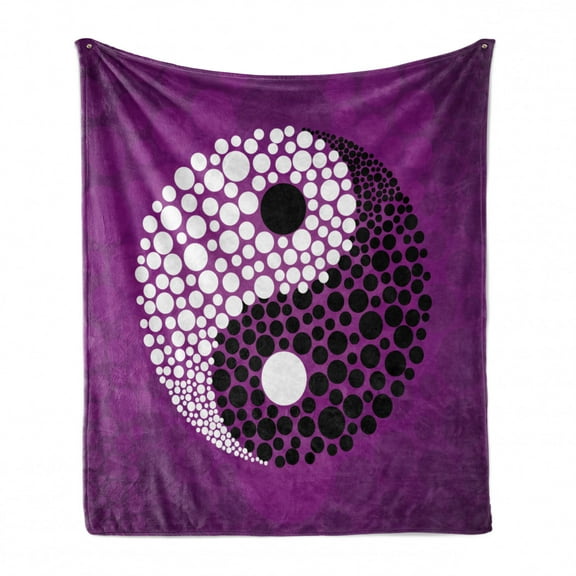 Ying Yang Soft Flannel Fleece Throw Blanket, Abstract Design Harmony and Balance Eastern Theme, Cozy Plush for Indoor and Outdoor Use, 50" x 70", Purple White Black, by Ambesonne