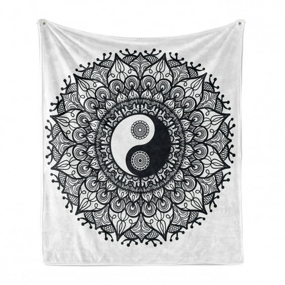 Ying Yang Soft Flannel Fleece Throw Blanket, Bohemian Style Tao in Floral Mandala Design Illustration, Cozy Plush for Indoor and Outdoor Use, 60" x 80", Charcoal Grey White, by Ambesonne