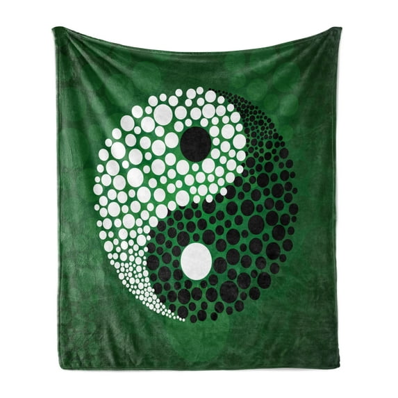 Ying Yang Soft Flannel Fleece Throw Blanket, Digital Style Yin Yang Form Nature Themed Dots Print, Cozy Plush for Indoor and Outdoor Use, 50" x 60", Green Black White, by Ambesonne