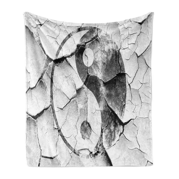 Ying Yang Soft Flannel Fleece Throw Blanket, Grunge Cracked Yin Yang Sign on the Wall Graphic Art Union, Cozy Plush for Indoor and Outdoor Use, 70" x 90", Charcoal Grey Grey, by Ambesonne