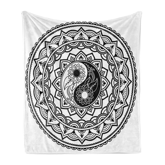 Ying Yang Soft Flannel Fleece Throw Blanket, Ornate with Lace Style Blossom Patterns Inspirational Far Eastern Print, Cozy Plush for Indoor and Outdoor Use, 70" x 90", Black White, by Ambesonne
