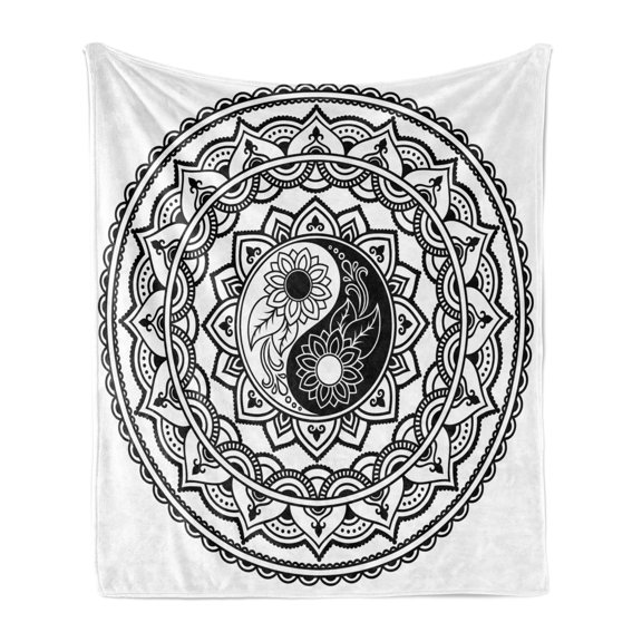 Ying Yang Soft Flannel Fleece Throw Blanket, Ornate with Lace Style Blossom Patterns Inspirational Far Eastern Print, Cozy Plush for Indoor and Outdoor Use, 70" x 90", Black White, by Ambesonne