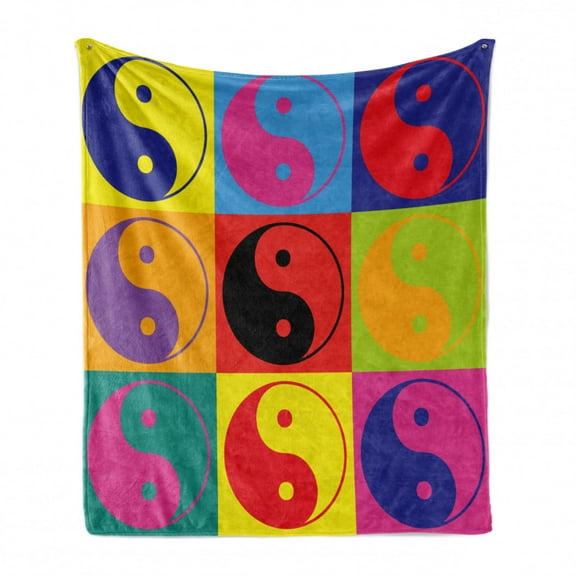 Ying Yang Soft Flannel Fleece Throw Blanket, Pop Art Design Yin Yang Signs Hippie Style Eastern Peace and Balance Theme, Cozy Plush for Indoor and Outdoor Use, 50" x 70", Multicolor, by Ambesonne