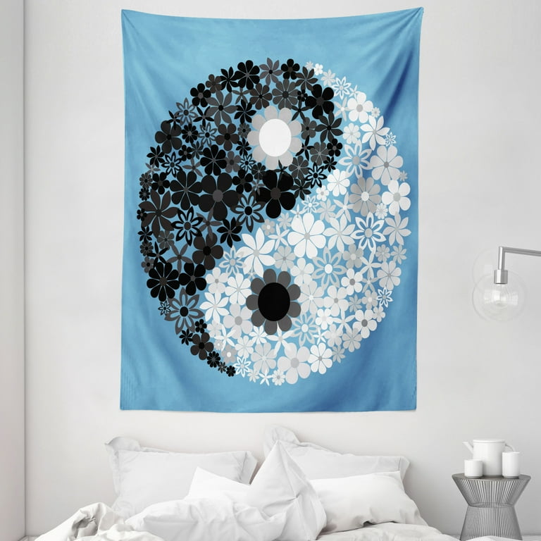 Ying Yang Tapestry Abstract Design Daisy Flower Power on Asian Tao Sign Floral Themed Art Wall Hanging for Bedroom Living Room Dorm Decor 60W X 80L Inches Black White Grey Blue by