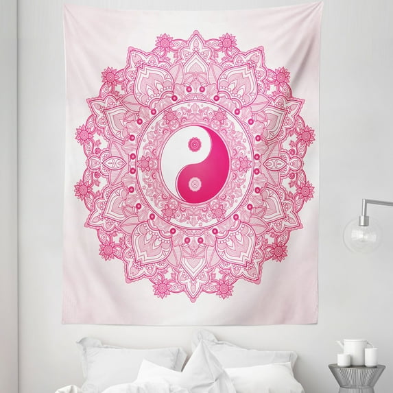 Ying Yang Tapestry, Traditional Yin Yang with Tao Mandala Pattern Floral Style Design, Fabric Wall Hanging Decor for Bedroom Living Room Dorm, 5 Sizes, Pink, by Ambesonne