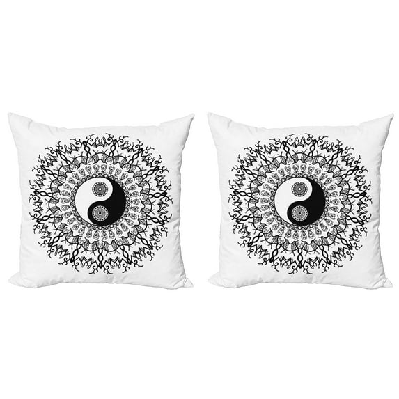 Ambesonne Japanese Throw Pillow Cover 2 Pack, Mandala Vintage Boho, 20", Black White