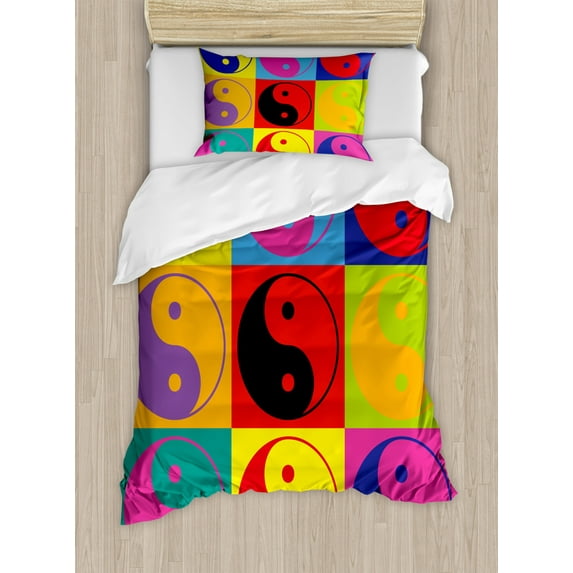 Ying Yang Twin Size Duvet Cover Set, Pop Art Design Yin Yang Signs Hippie Style Eastern Asian Peace and Balance Theme, Decorative 2 Piece Bedding Set with 1 Pillow Sham, Multicolor, by Ambesonne