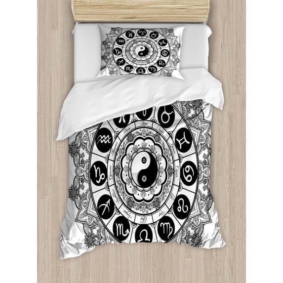 Ying Yang Twin Size Duvet Cover Set, Round Zodiac Theme Design with Yin Yang Symbol in Centre Astrology Signs Print, Decorative 2 Piece Bedding Set with 1 Pillow Sham, Black White, by Ambesonne