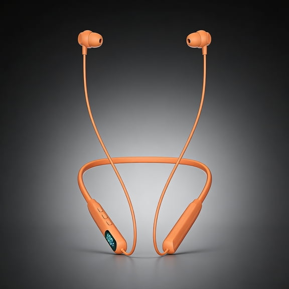 YingFit Orange Neckband Bluetooth Headphones, IPX4 Sweatproof Wireless In-Ear Earbuds with LED Battery Display, for Sports, Work, Travel, Gaming & Clear Hands-Free Calls
