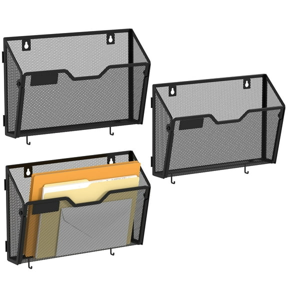 YingHua 3 Pack Hanging Wall File Holders, Mesh Wall Letter File Holder, Wall Mounted Mail Paper Document Folder Holder with Hooks for Office, Home, School, Black