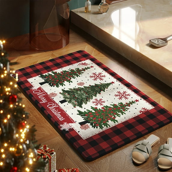 YingTaiLi Merry Christmas Rug Red Buffalo Plaid Kitchen Rug,16x24 Inch for Christmas Decor,Entrance Winter Christmas Decorative Doormat Anti-Slip Rubber Backed Outdoor Indoor Low Profile Floor Mat