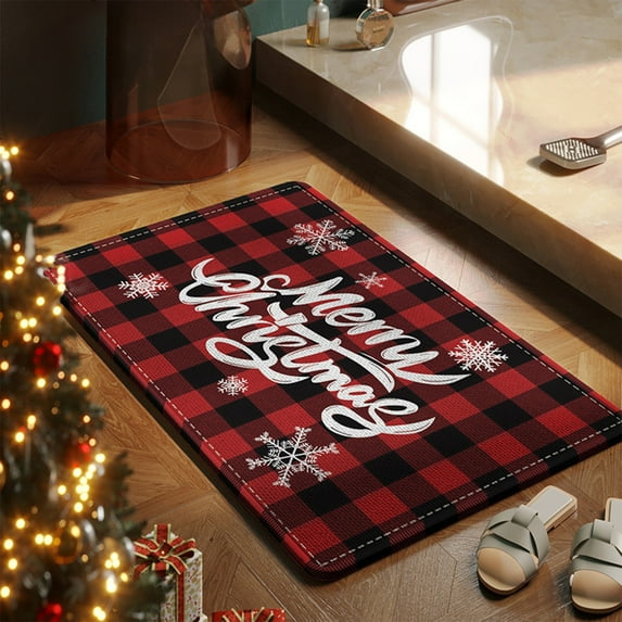 YingTaiLi Merry Christmas Rug Red Buffalo Plaid Kitchen Rug,16x24 Inch for Christmas Decor,Entrance Winter Christmas Decorative Doormat Anti-Slip Rubber Backed Outdoor Indoor Low Profile Floor Mat