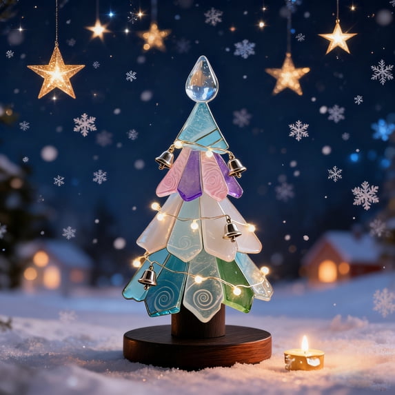 YingTaiLi Sea Glass Christmas Tree,Handcrafted Mini Christmas Tree with LED Lights,Ideal for Christmas, New Year, Home Decor, Coastal Holiday Decor and More