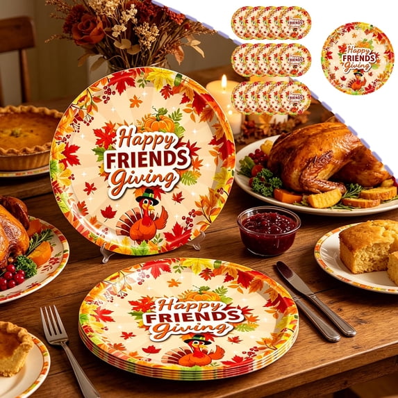 YingYouFu 16PC Happy Friendgiving Paper Plates,7In Autumn Pumpkin Maple Leaf Theme Dessert Plate for Cake Pizza Disposable Party Decoration Supplies for Friendsgiving Thanksgiving Party Supplies