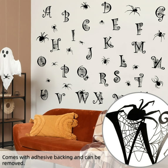 YingYouFu 18PCS Halloween Web Alphabet Wall Decals, Spooky Indoor Decor, Plastic Letter Stickers for Living Room, Party & Home Decorations, Black