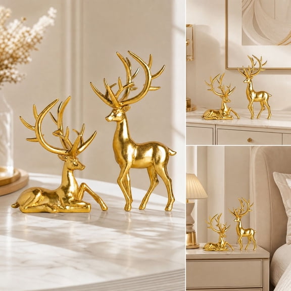 YingYouFu 2PC Christmas Reindeer Ornament Set, Resin Reindeer Pair Holiday Figurines, Festive Xmas Tabletop Decor for Home Office Shelf Holiday Display
