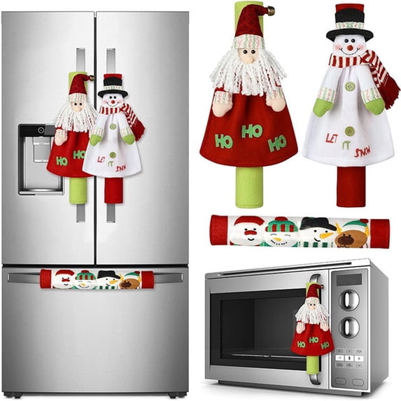 YingYouFu 3-Piece Refrigerator Door Knob Covers with Santa and Snowman Design for Kitchen Holiday Decor, Adhesive Knob Covers for Fridge, Oven, and Cabinet, Festive Christmas Decoration