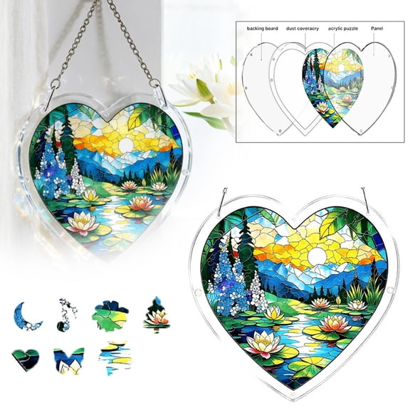 YingYouFu 3D Acrylic Heart Puzzle Suncatcher, DIY Wind Chime Window Hanging Craft Kit, 83 Piece Decorative Pendant for Porch Patio