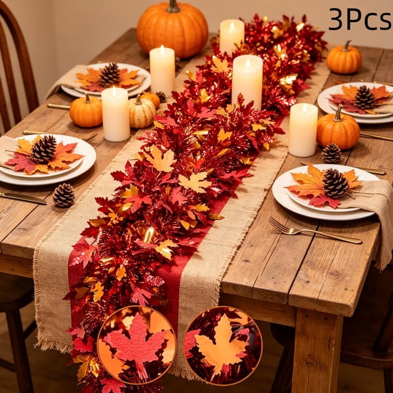 YingYouFu 3PC Thanksgiving Fall Fake Garland for Home Autumn Harvest Decorations|Autumn Artificial Berry Pumpkin Maple Leaf Garland Decor for Fireplace Table Front Door Holiday Party Decorations
