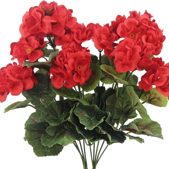 YingYouFu 3pc Red Artificial Geraniums Stems, Fake Faux Silk Flowers Plants, Outdoor Indoor Window Box Garden Patio Porch Home Decor Bouquet Arrangements
