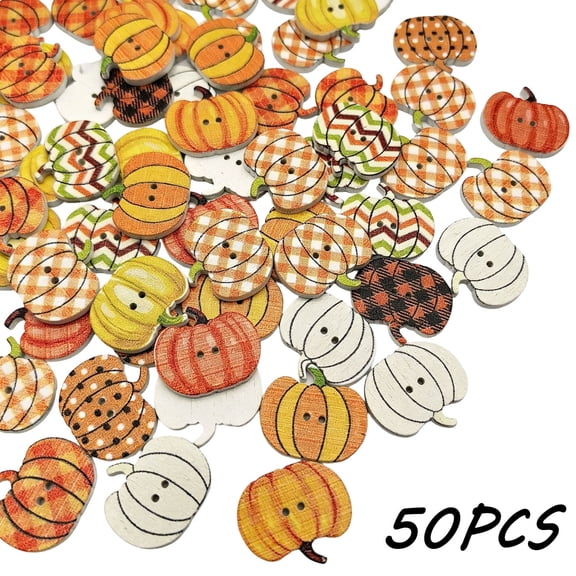 YingYouFu 50PC Halloween Wooden Button DIY Craft Set, Pumpkin Maple Leaf Holiday Decor Accessories Set, DIY Craft Supplies for Home Decor, Handmade Projects, Fall Festival Decoration