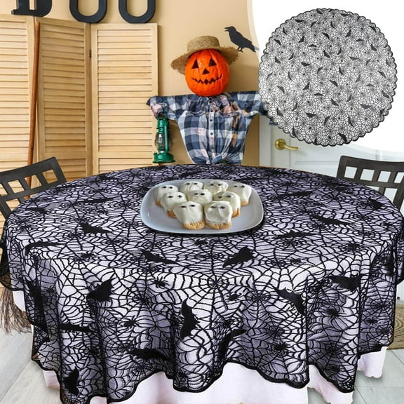 YingYouFu 70 Inch Round Halloween Tablecloth, Lace Spider Web Design Fireplace Mantel Party Dining Table Decor for Holiday Gatherings