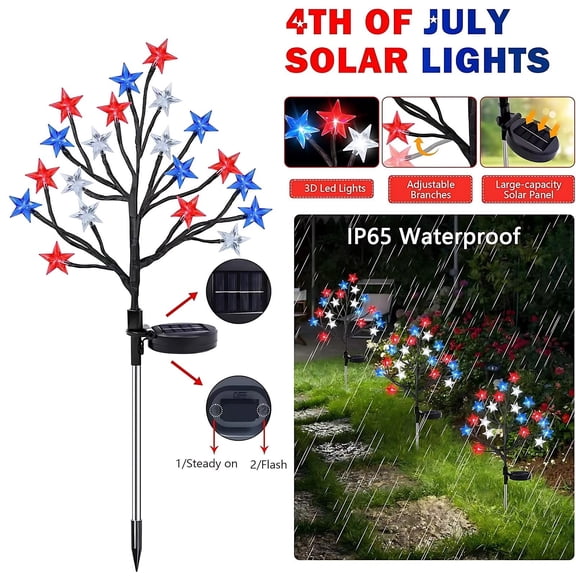 YingYouFu America Independence Day Red White Blue Star Tree Branch Lights, Patriotic Lawn Outdoor Ground Insertion Decorative Light String, 4th of July Garden Yard Path Decor