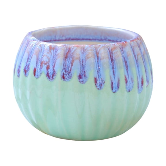 YingYouFu Ceramic Pumpkin Planter, Cream Color Round Flower Pot with Drainage, Small Vase, Colorful Glaze Gardening Decor, Green